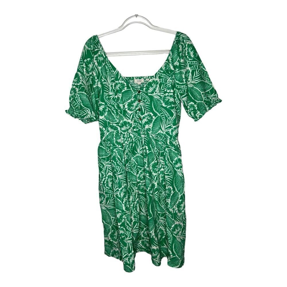 Fat Face Womens Dress Size 8 Long‎ Linen Blend Green Tropical Sundress V Neck